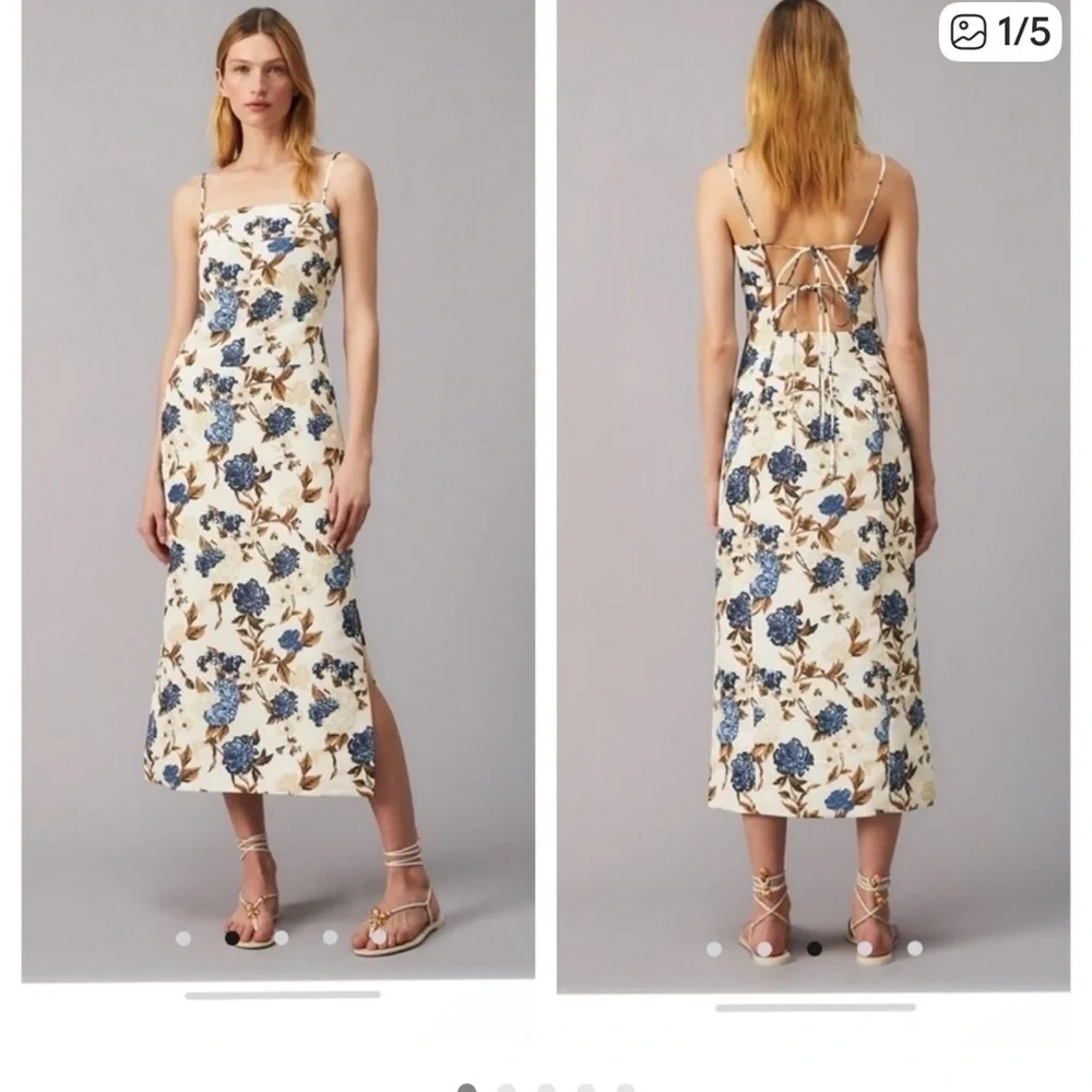 Tory Burch Cream and Blue Floral Backless Dress